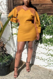 Yellow Fashion Sexy Regular Sleeve Long Sleeve O Neck Wrapped Skirt Mini Patchwork Dresses