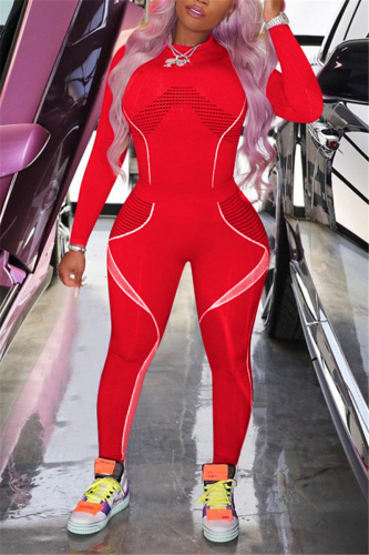 Red Fashion Sexy adult Ma'am Patchwork Print Two Piece Suits pencil Long Sleeve Two Pieces