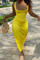 Yellow Milk. Fashion Sexy adult Ma'am Tank Sleeveless Square Step Skirt Floor-Length Solid backless Dresses