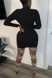 Black Fashion Sexy adult Ma'am Cap Sleeve Long Sleeves O neck Step Skirt skirt Solid chain Dresses