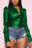 Green PU cardigan Long Sleeve Solid Tops