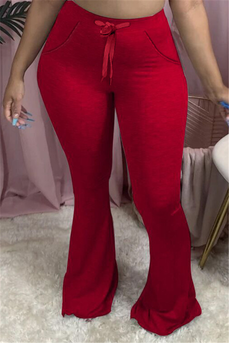 

Red Elastic Fly Mid Solid Boot Cut Pants Bottoms