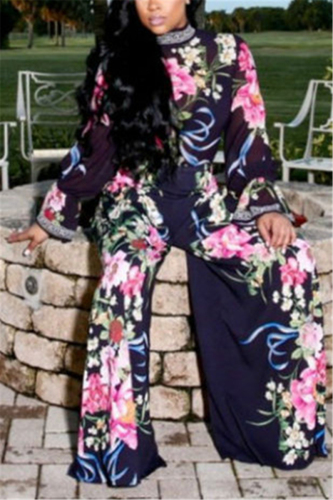 Tibetan Blue Fashion Casual Long Sleeve Turtleneck Regular Sleeve Regular Print Two Pieces