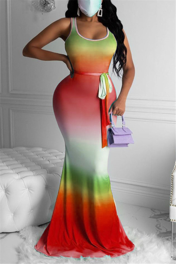 Red Sexy Tank Sleeveless Swagger Floor-Length Print Ombre Dresses