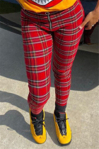 Red Fashion Casual Skinny Plaid Print Trousers