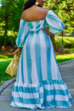 Blue White Fashion Casual Off The Shoulder Strapless Strapless Dress Floor Length Striped Dresses