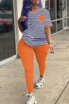 Orange Fashion Casual Sportswear O Neck Short Sleeve Regular Sleeve Striped Patchwork Plus Size Set
