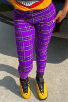 purple Zipper Fly Mid Plaid Straight Pants Bottoms