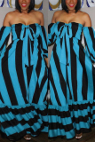 Blue Black Fashion Casual Off The Shoulder Strapless Strapless Dress Floor Length Striped Dresses