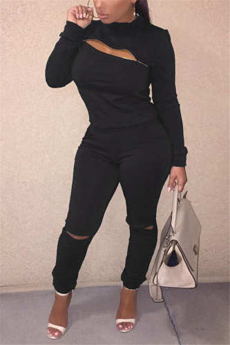 Black Blends Street Solid Hole Zippered pencil Long Sleeve Two Pieces