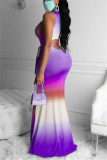 purple Sexy Tank Sleeveless Swagger Floor-Length Print Ombre Dresses