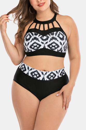 Black Fashion Sexy Spaghetti Strap Sleeveless Spaghetti Strap Patchwork Print Plus Size Swimwears