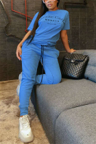 Light Blue Fashion Casual Sleeveless O Neck Regular Sleeve Regular Letter Print Two Pieces