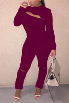 Wine Red Blends Street Solid Hole Zippered pencil Long Sleeve Two Pieces