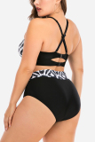 Black Fashion Sexy Spaghetti Strap Sleeveless Spaghetti Strap Patchwork Print Plus Size Swimwears