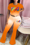 Orange Blends Sexy Print Gradient Boot Cut Short Sleeve Two Pieces