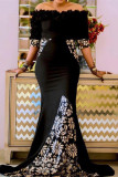 Black Fashion Sexy Off The Shoulder Short Sleeve Bateau Neck Printed Dress Trailing Patchwork Print Dresses