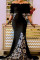 Black Fashion Sexy Off The Shoulder Short Sleeve Bateau Neck Printed Dress Trailing Patchwork Print Dresses