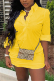 Yellow Fashion adult Ma'am Street Shirt sleeves Long Sleeves Turndown Collar Step Skirt skirt Solid Dresses