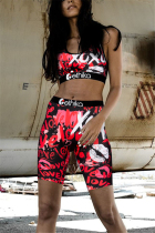 Red Fashion Casual Sleeveless U Neck Tank Short Print Two Pieces