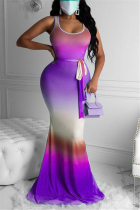 purple Sexy Tank Sleeveless Swagger Floor-Length Print Ombre Dresses