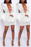 White Sexy Bell sleeve Long Sleeves V Neck Slim Dress skirt Solid Dresses