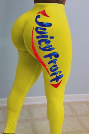 Yellow Elastic Fly Mid Print Straight Pants Bottoms