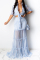 Light Blue Casual 3/4 Length Sleeves V Neck Slim Dress Floor-Length Striped Print Patchwork Dresses