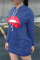 Blue Fashion Casual Regular Sleeve Long Sleeve Hooded Collar Printed Dress Mini Lips Printed Dresses
