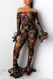 Black Sexy Long Sleeve Bateau Neck Flare Sleeve Regular Print Two Pieces