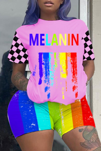 Pink Plus Size Rainbow Color letter T-shirts Striped  Shorts Two Piece Sets