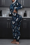 Blue Casual Living Hooded Collar Printed Jumpsuits