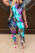 Peacock blue Fashion Casual adult O Neck Patchwork Print Hole Tie Dye Burn-out Two Piece Suits Stitching Plus Size