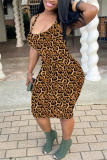 Leopard Fashion Sexy Off The Shoulder Sleeveless O Neck Sling Dress Knee Length Leopard Print Dresses