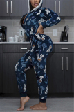 Black Casual Living Hooded Collar Printed Jumpsuits