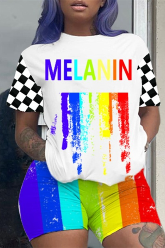 White Plus Size Rainbow Color letter T-shirts Striped  Shorts Two Piece Sets