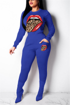 Blue venetian Fashion Casual adult Ma'am Print Two Piece Suits pencil Long Sleeve Two Pieces