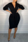 Black Fashion Sexy adult Ma'am lantern sleeve Long Sleeves V Neck Step Skirt Knee-Length Solid Dresses