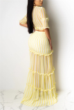 Yellow Casual 3/4 Length Sleeves V Neck Slim Dress Floor-Length Striped Print Patchwork Dresses