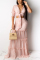 Light Pink Casual 3/4 Length Sleeves V Neck Slim Dress Floor-Length Striped Print Patchwork Dresses