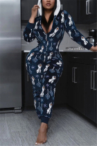 Tibetan Blue Casual Living Hooded Collar Printed Jumpsuits