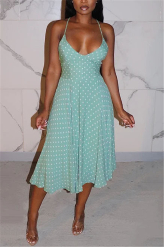 Blue Sexy Spaghetti Strap Sleeveless V Neck Swagger Knee-Length Polka Dot Dresses