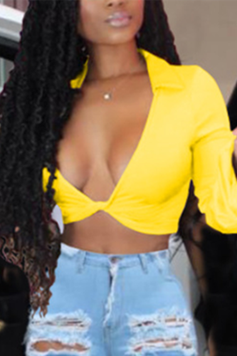 Yellow V Neck Long Sleeve Solid Tops