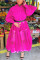 Rose Red Fashion Lantern Sleeve Long Sleeve Turndown Ankle Length Patchwork Dresses (Without Belt)