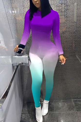 purple Casual Print Long Sleeve O Neck Jumpsuits