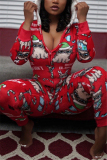 Red Casual Living Hooded Collar Printed Jumpsuits