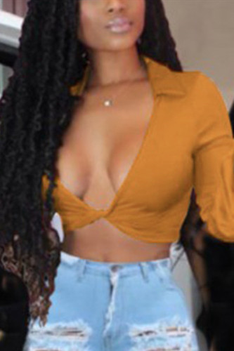 Gold V Neck Long Sleeve Solid Tops