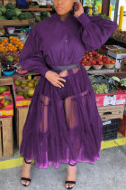 Purple Fashion Lantern Sleeve Long Sleeve Turndown Ankle Length Patchwork Dresses (Without Belt)