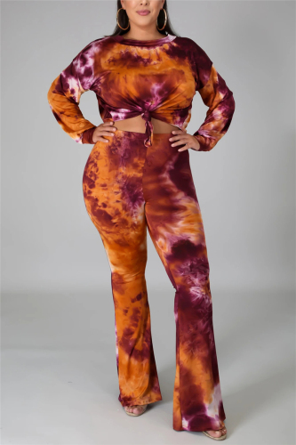 Orange Fashion Casual O Neck Long Sleeve Regular Sleeve Print Tie Dye Plus Size Set