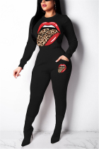 Black venetian Fashion Casual adult Ma'am Print Two Piece Suits pencil Long Sleeve Two Pieces